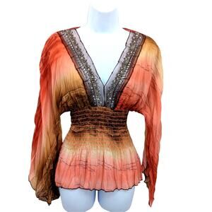 Y2K Boho Babydoll Top Medium Sheer Beaded Smocked Fairy Grunge Cottagecore